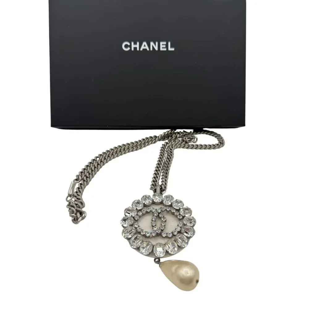 Chanel Fall 2000 Crystal CC Pearl Drop Medallion Necklace on Gunmetal Chain